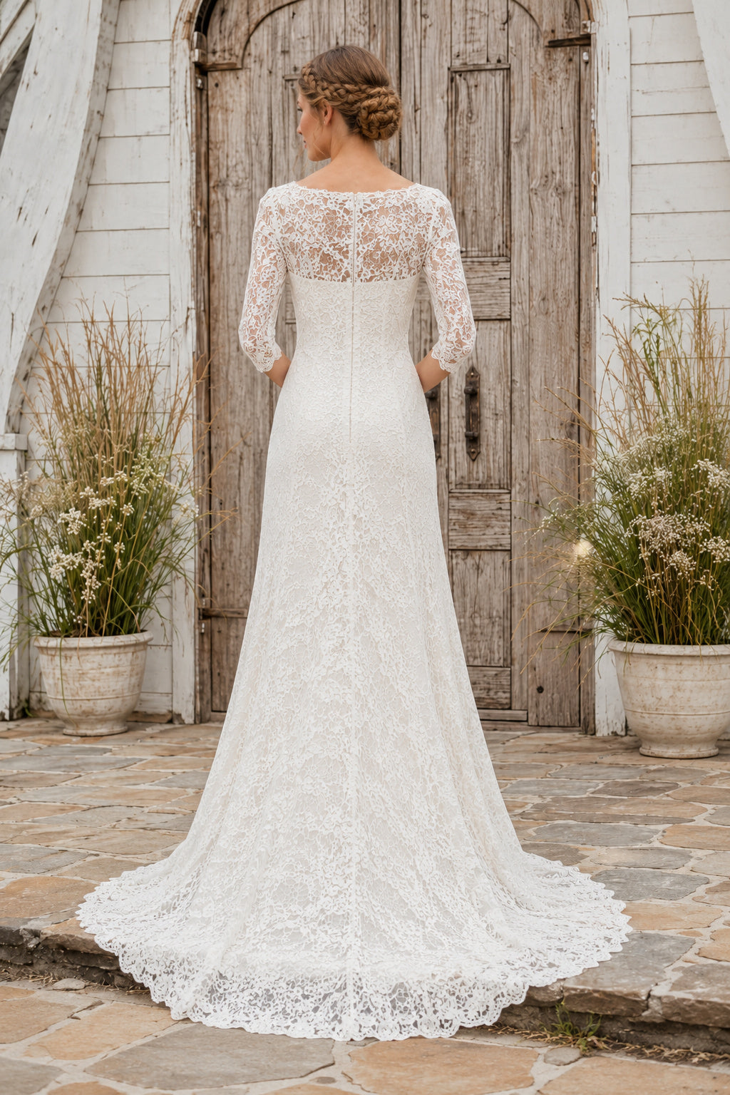 Ivory Modest Bateau Neck Sheath Allover Lace Wedding Dress with Three Quarter Lace Sleeves and Court Train back view