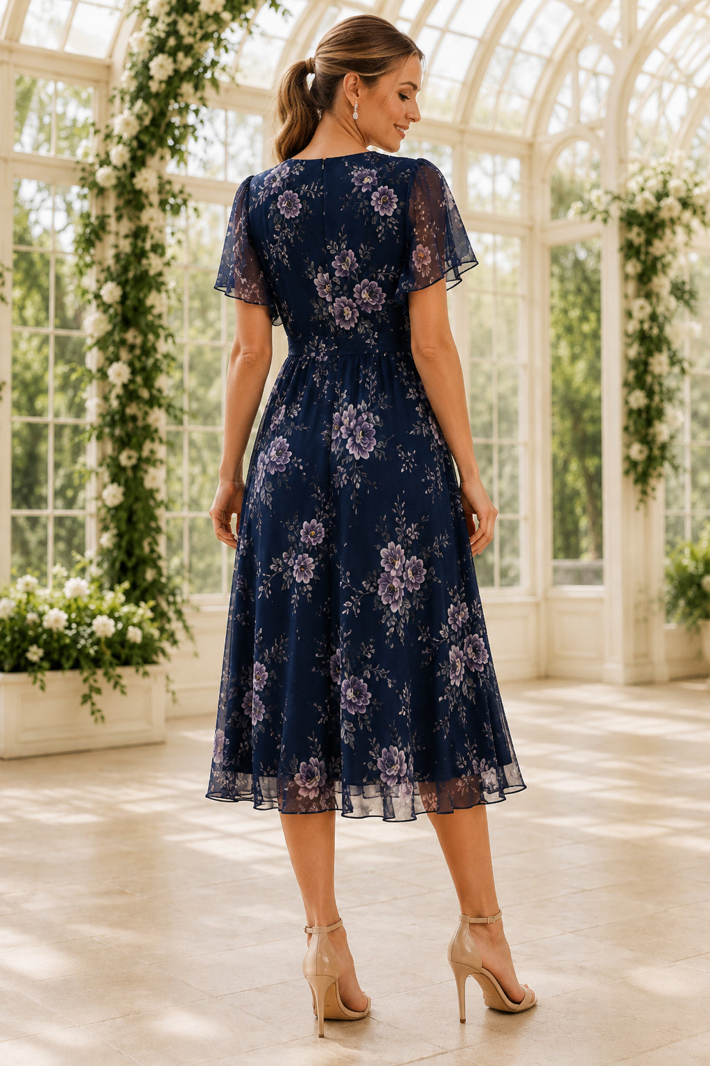 Dark Navy Wedding Guest Cocktail Sheath Dress back view