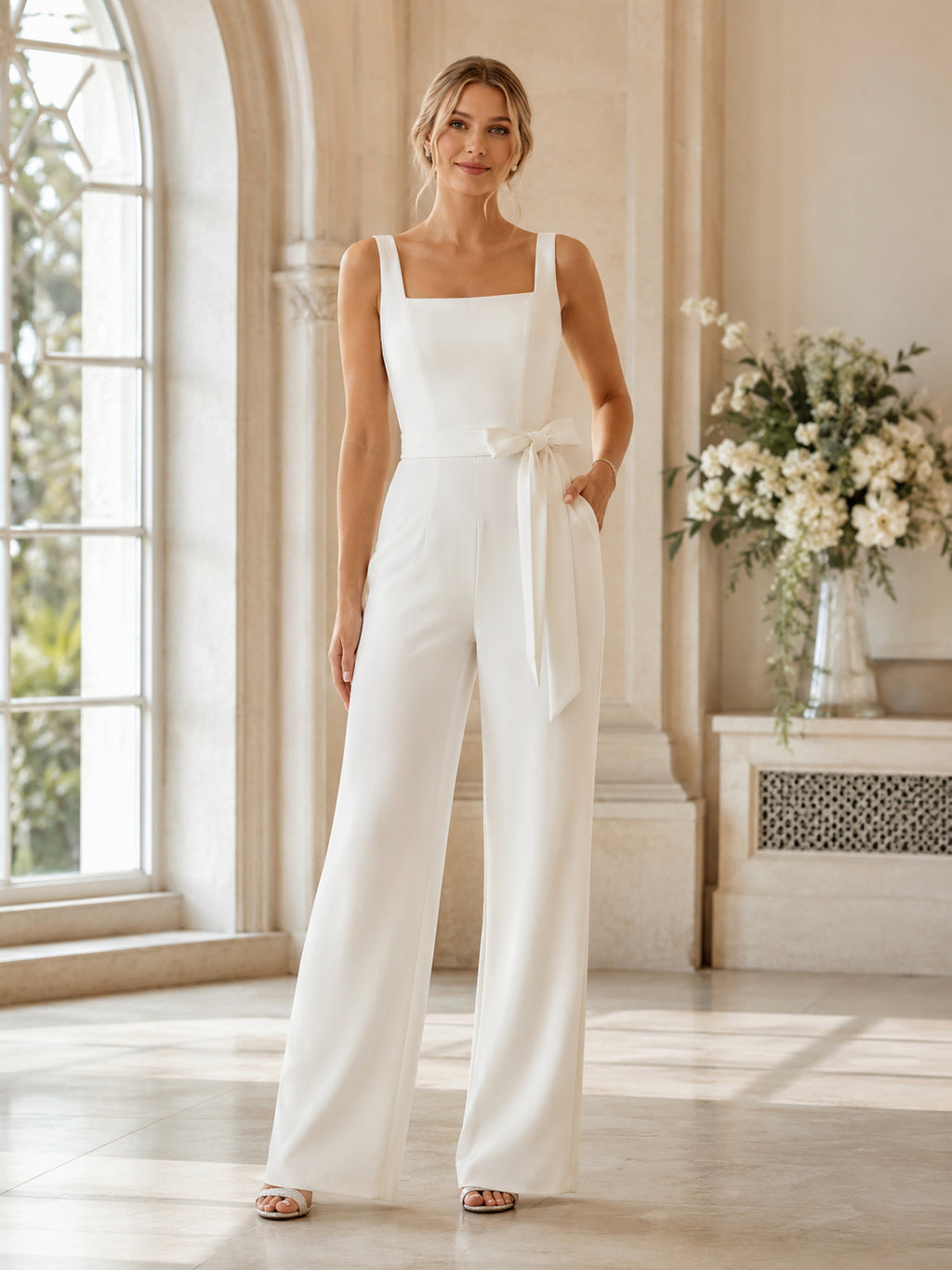 Modern Square Strap Sash Crepe Wide Leg Courthouse Wedding Jumpsuit front view
