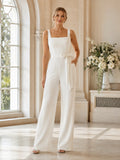 Modern Square Strap Sash Crepe Wide Leg Courthouse Wedding Jumpsuit front view