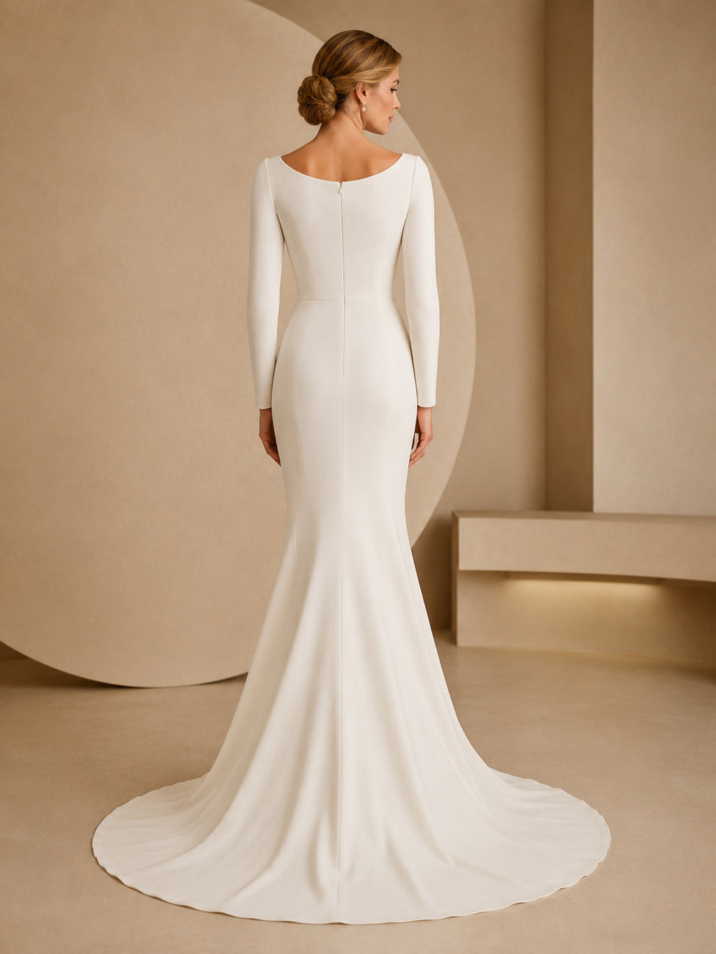 Long Sleeve Bateau Crepe Mermaid Modest Studio Wedding Dress back view