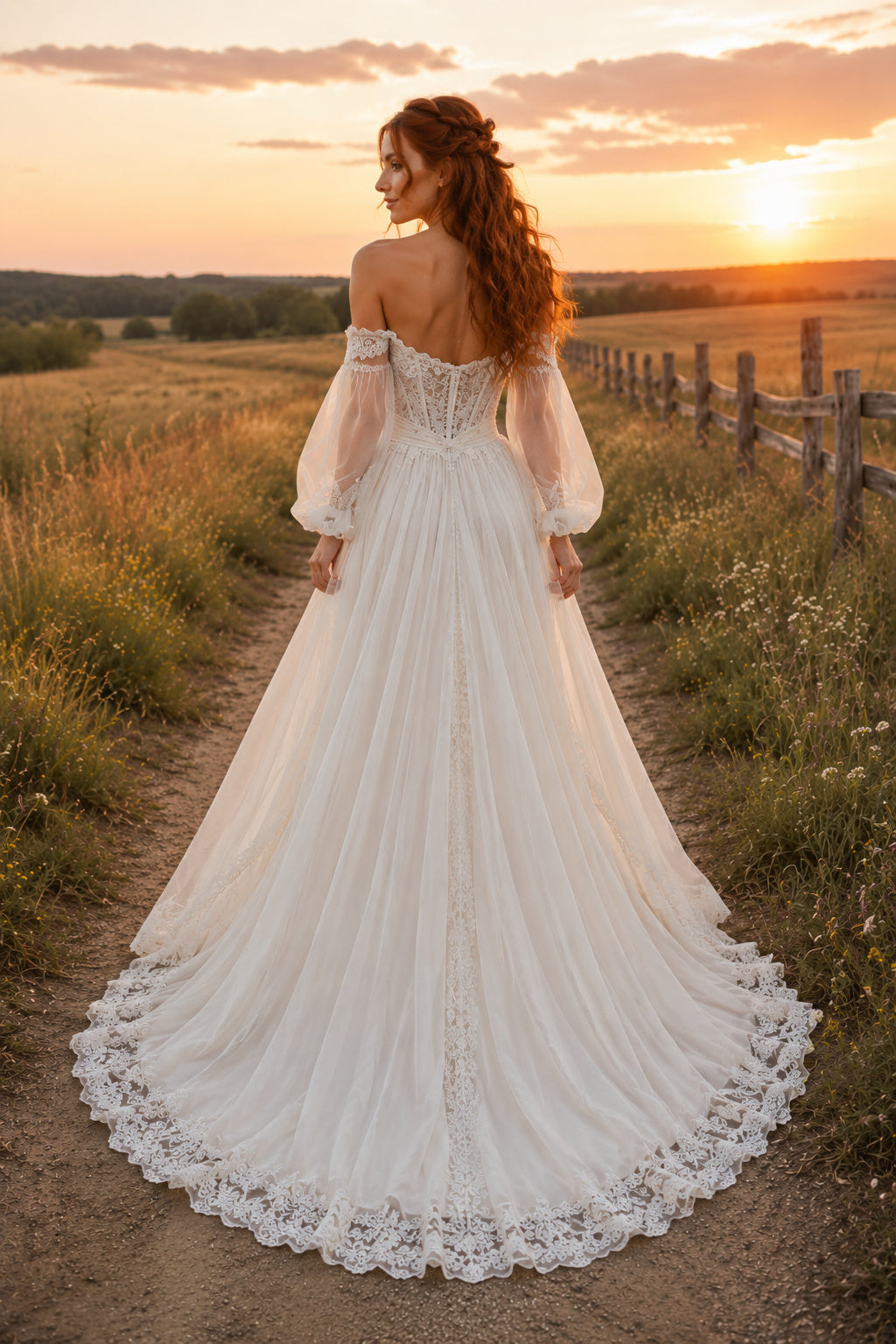 Off the Shoulder Bell Sleeve A-Line Wedding Dress with Sweetheart Bodice and Train back view