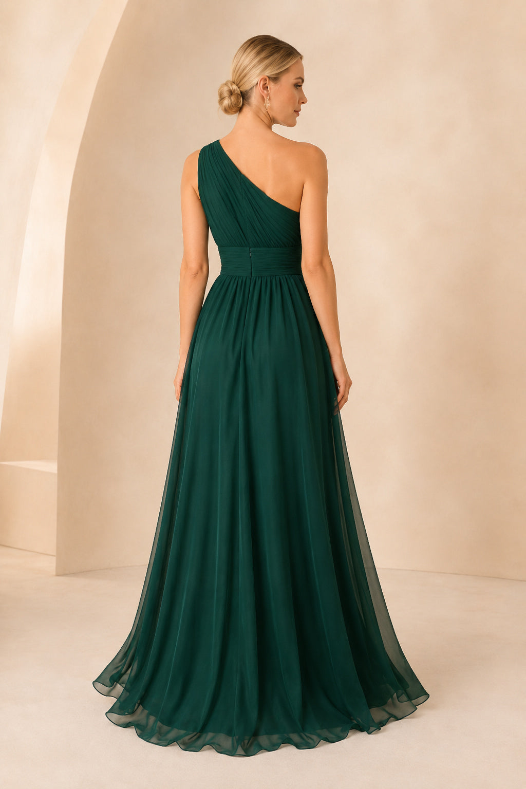 Dark Green one shoulder chiffon A line dress with pleated bodice and soft flowing skirt Floor-length A-Line Bridesmaid Dress