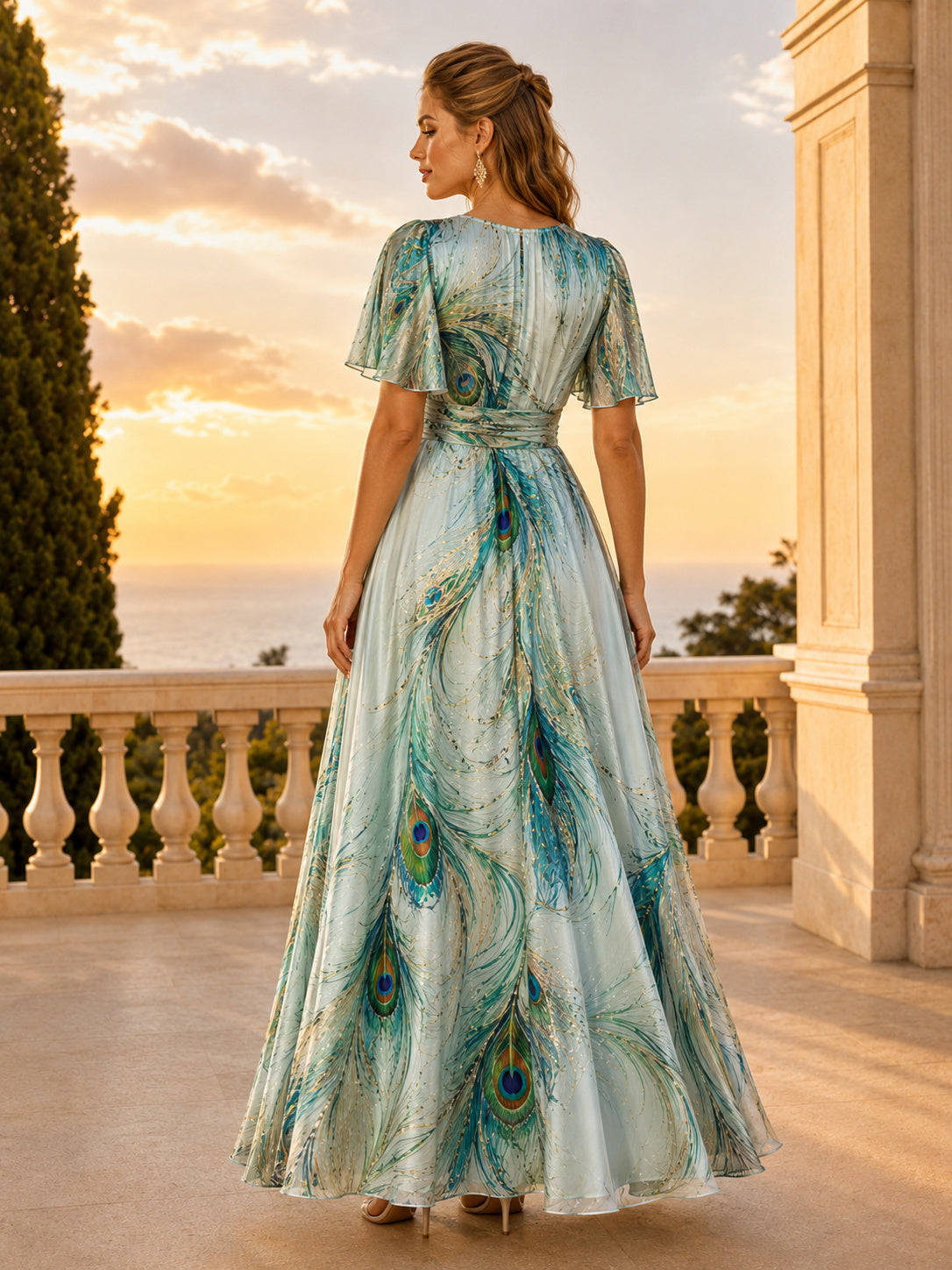 Peacock Feather Print V-Neck Flutter Sleeve A-Line Maxi Dress back view