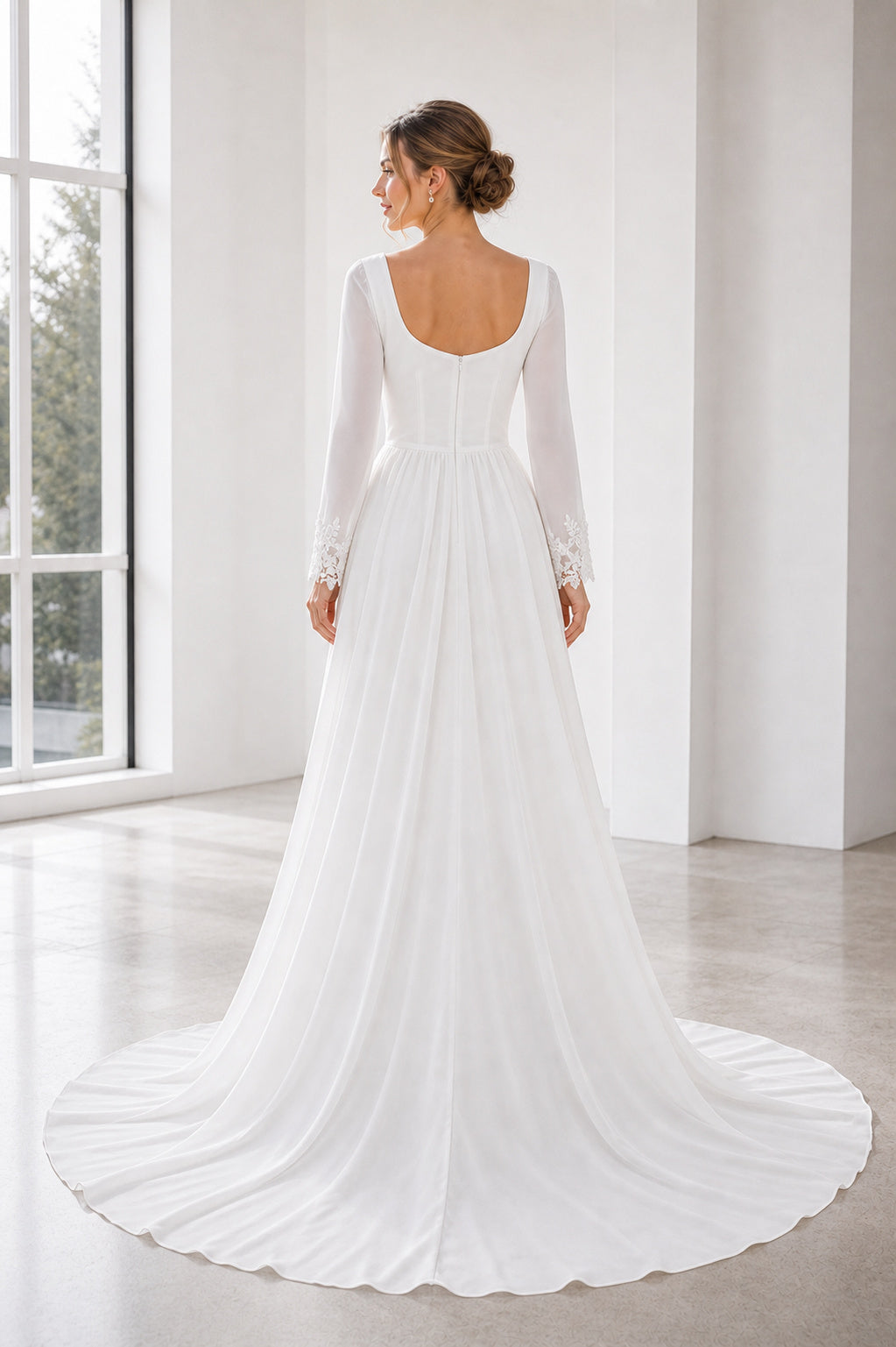 White Halter A-Line Chiffon Floor-length Wedding Dress With Beaded Waist and Floral Appliques and Open Back