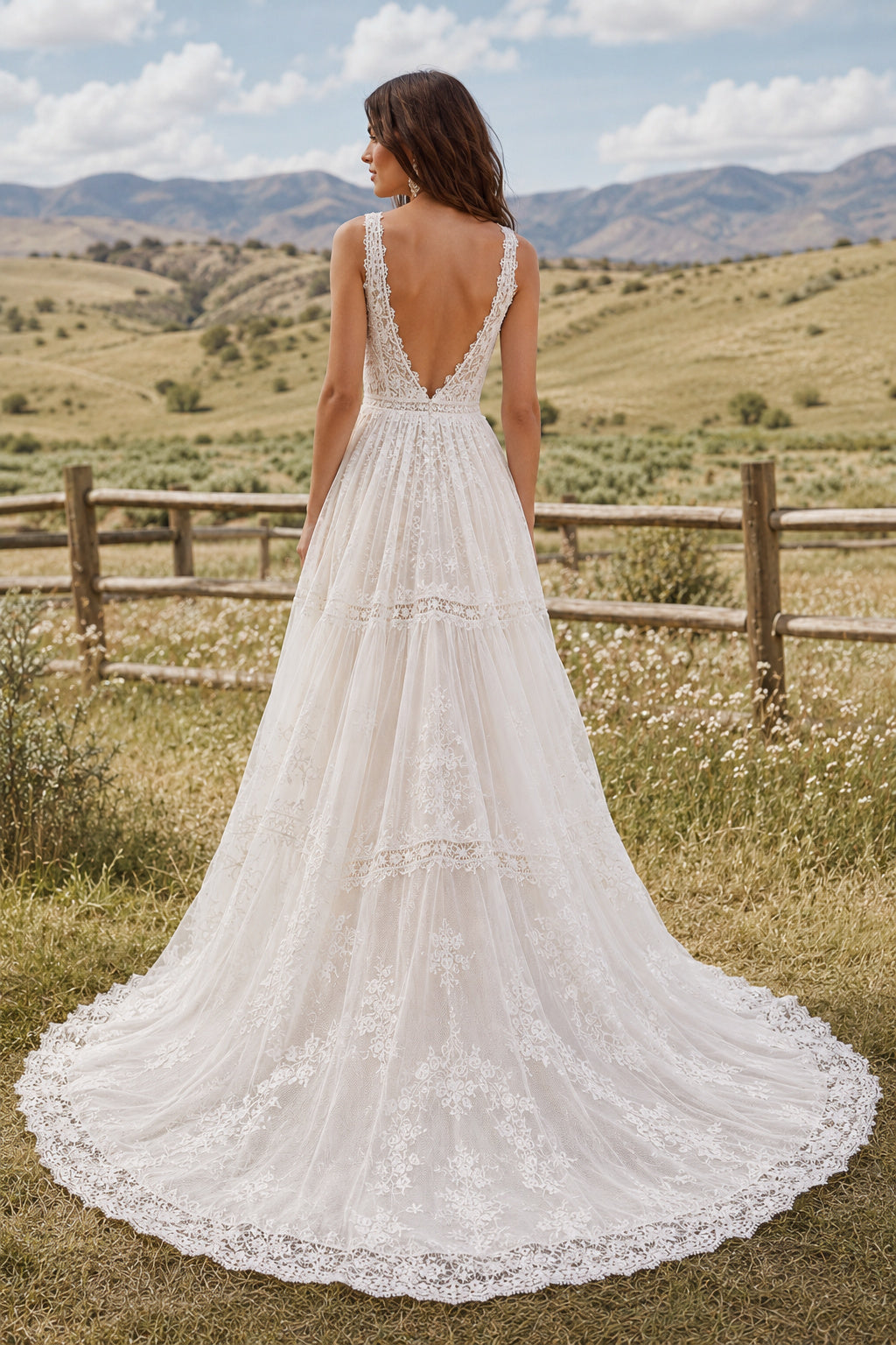 Ivory Deep V Boho Lace A-Line Wedding Dress with Tiered Skirt and Sweep Train back view