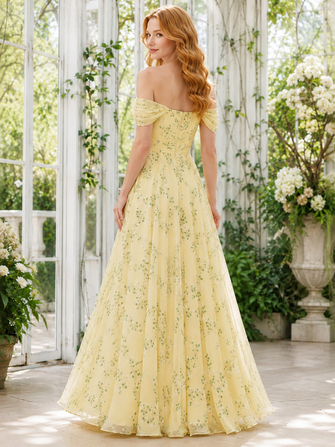Yellow Vine Print Off Shoulder Romantic Maxi Dress back view