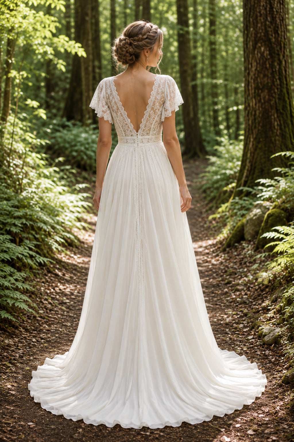 Flutter Sleeve V-Neck A-Line Wedding Dress with Chiffon Skirt and Soft Train for Beach Garden Ceremony Style MG_701262 back v