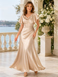 Champagne Romantic Cowl-Neck Satin A-Line Floor-Length Mother of the Bride Gown with Flutter Sleeves front view