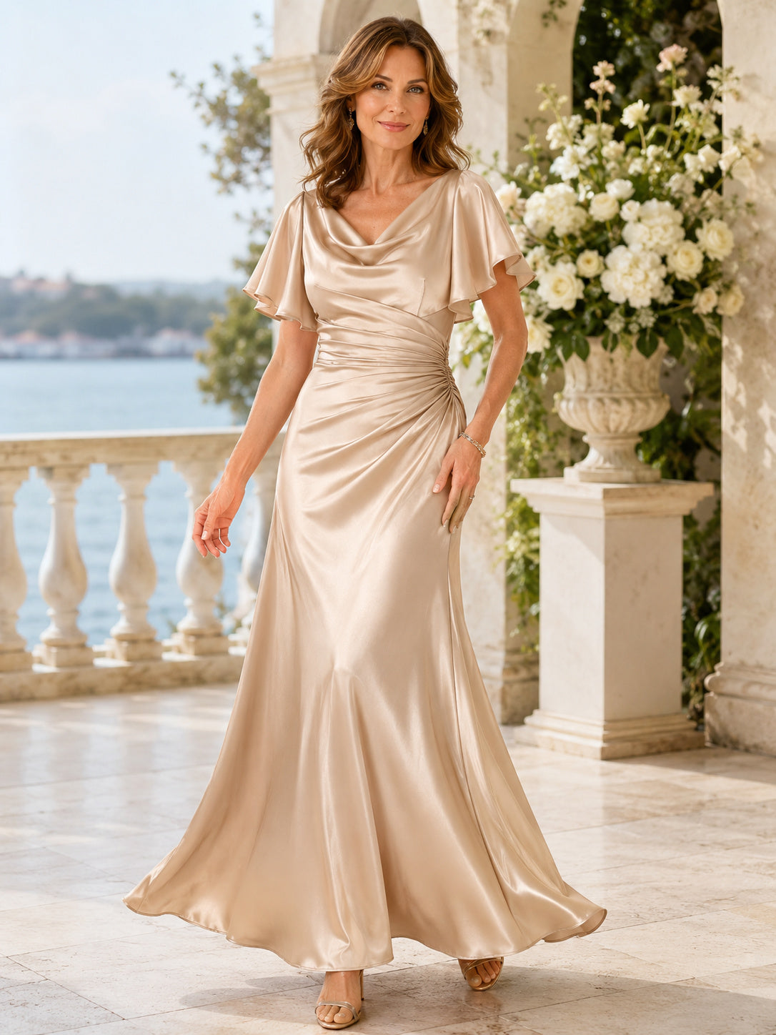 Champagne Romantic Cowl-Neck Satin A-Line Floor-Length Mother of the Bride Gown with Flutter Sleeves front view