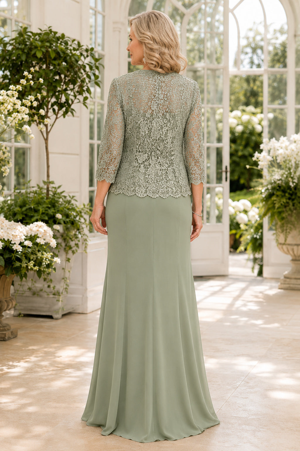 Sage Chiffon Sheath Mother Dress with Three Quarter Lace Jacket and Side Drape back view
