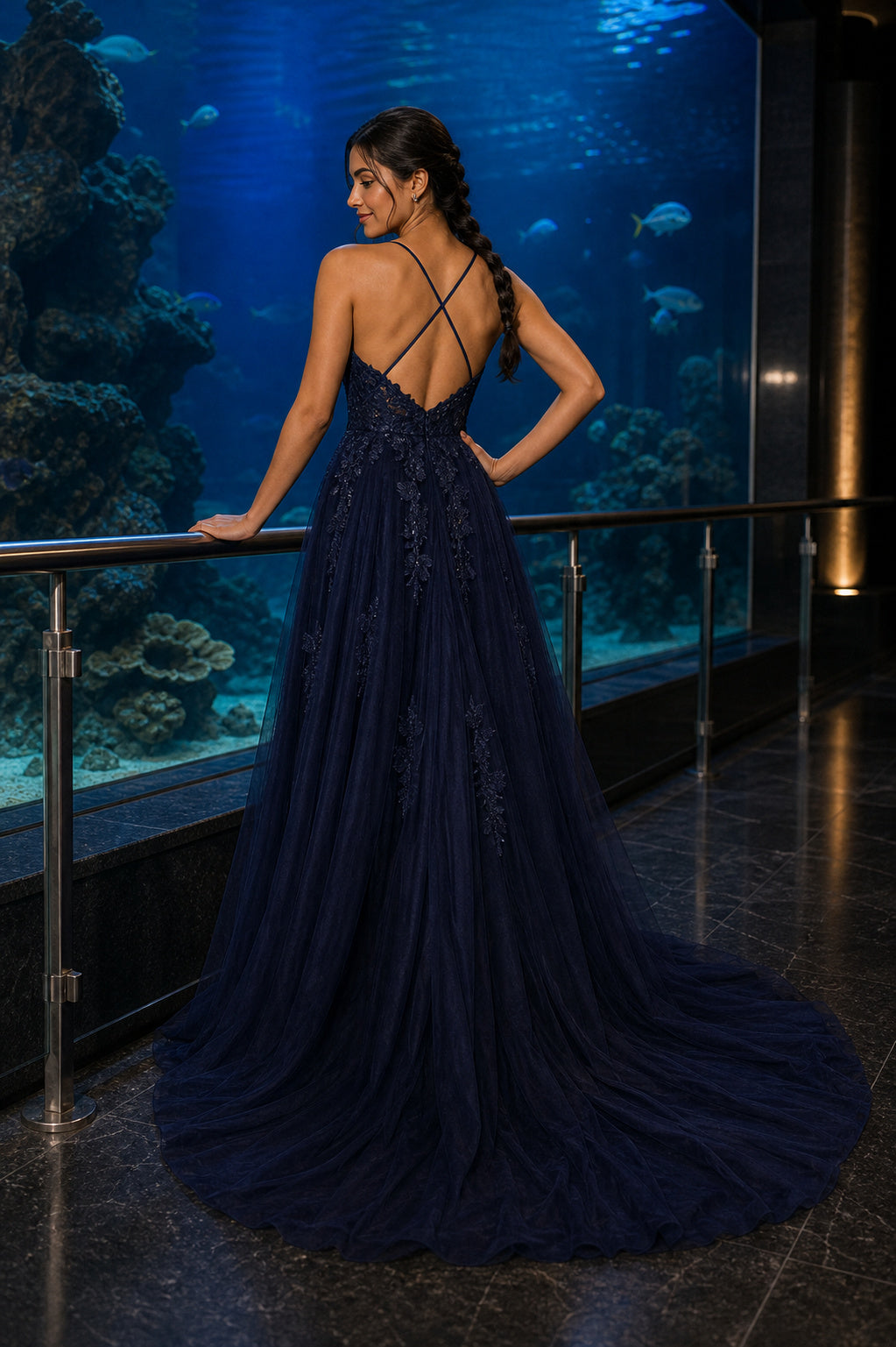 Navy Spaghetti Strap A-Line Tulle Floor-Length Dress With Criss-Cross Back