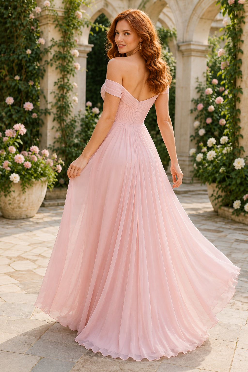 Blushing Pink Off the Shoulder Chiffon A Line Dress with Side Slit Floor Length And Sweep/Brush Train A Line Bridesmaid Dress