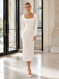 Elegant Civil Satin Pencil Square Neck Long Sleeve Tea Length Wedding Dress front view