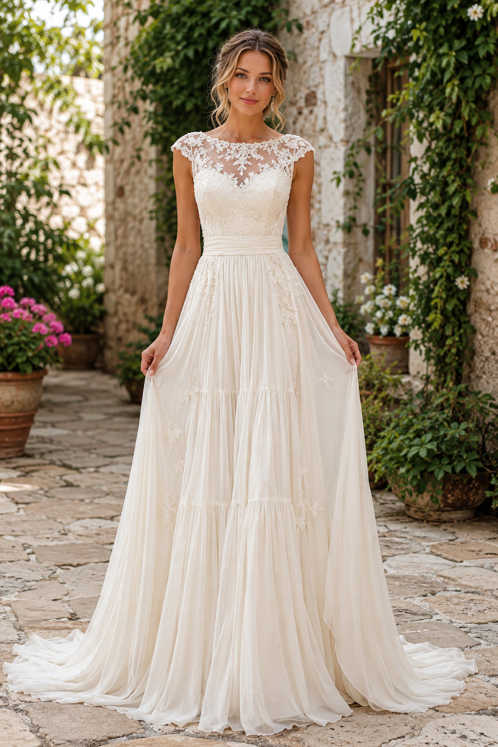 Ivory Jewel Neck Sleeveless Lace A-Line Wedding Dress with Full Chiffon Train front view