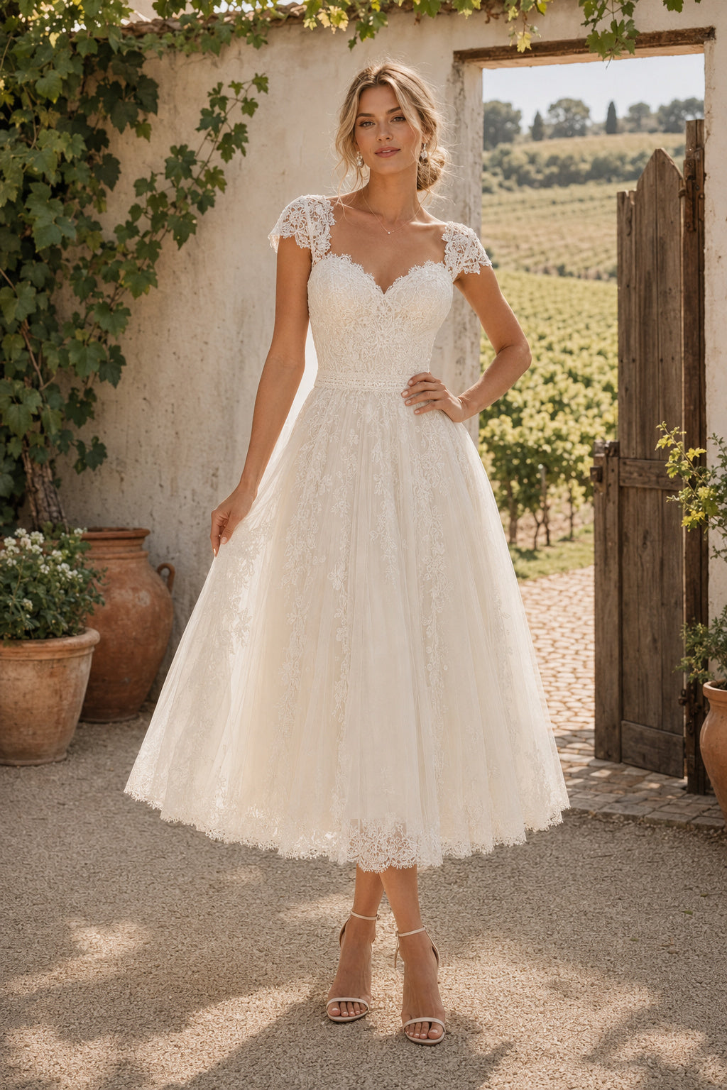 Ivory Cap Sleeve V-Neck Applique Tea Length Wedding Dress for Wedding Reception and Party Style MG_701005 front view