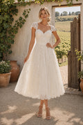 Ivory Cap Sleeve V-Neck Applique Tea Length Wedding Dress for Wedding Reception and Party Style MG_701005 front view