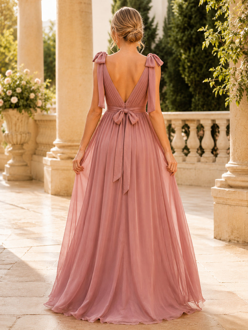 Dusty Rose Chiffon Tie Shoulder A-Line Evening Gown back view