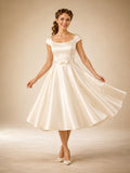 1950s Scoop Neck Cap Sleeve Satin Tea Length Wedding Dress front view