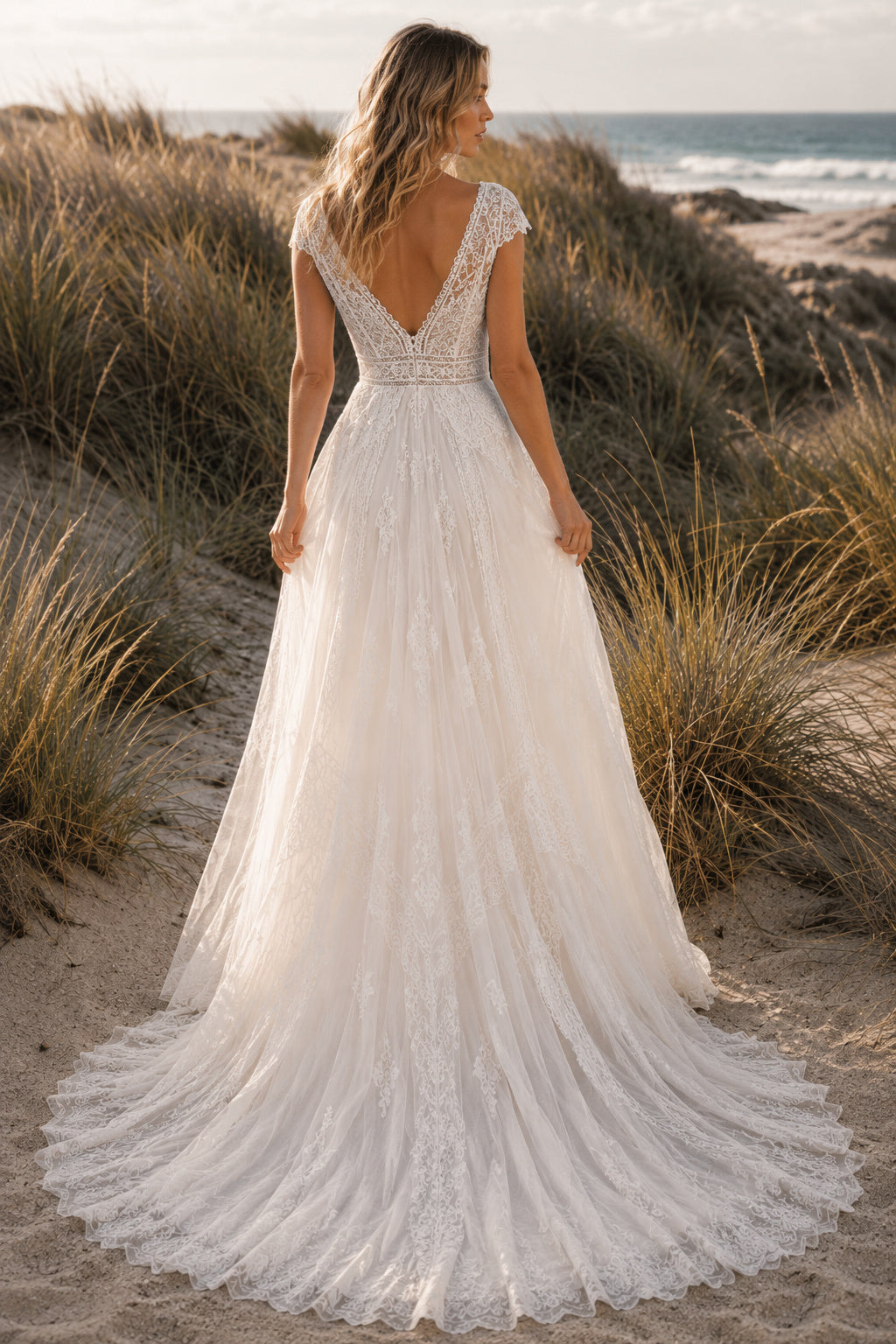 Ivory Cap Sleeve V-Neck Lace Tulle A-Line Wedding Dress Train for Bridal Ceremony and Reception back view