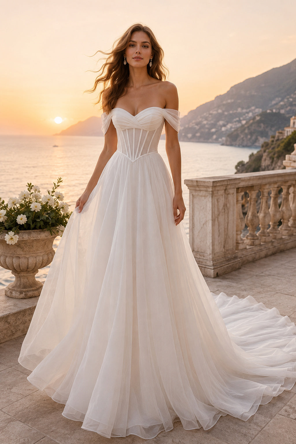 Off Shoulder Tulle A-Line Wedding Dress with Corset Bodice front view