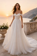 Off Shoulder Tulle A-Line Wedding Dress with Corset Bodice front view