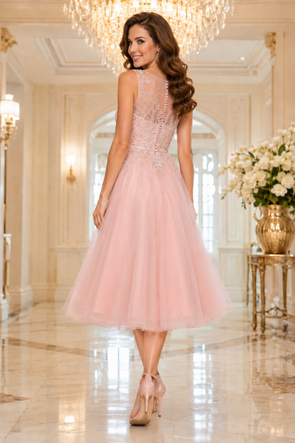 Pearl Pink Tea Length Tulle A-Line Dress with Lace Bodice back view
