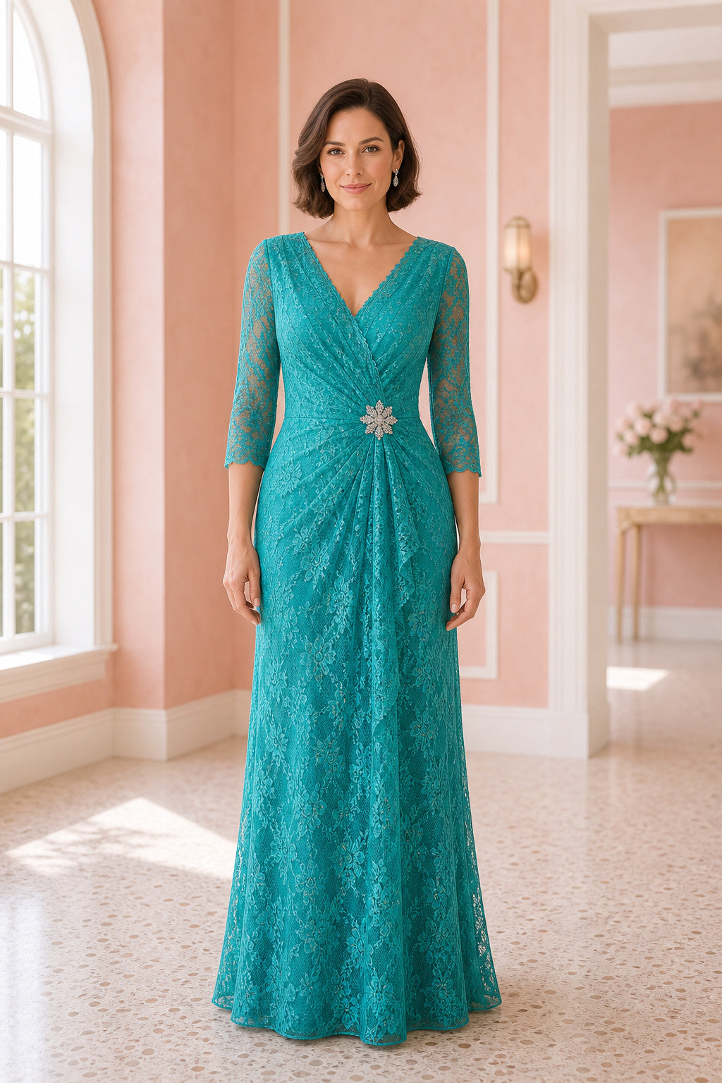 Teal V-neck Three-Quarter Sleeve Sheath Lace Floor-Length Dress