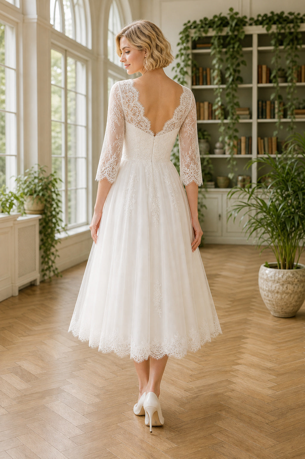 White V-neck Ball Gown Tulle Floor-length Wedding Dress With Front Slit and Beaded Waist and Open Back
