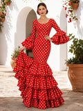 Red White Polka Dot Square Neck Long Bell Sleeve Tiered Mermaid Floor Length Flamenco Dress front view
