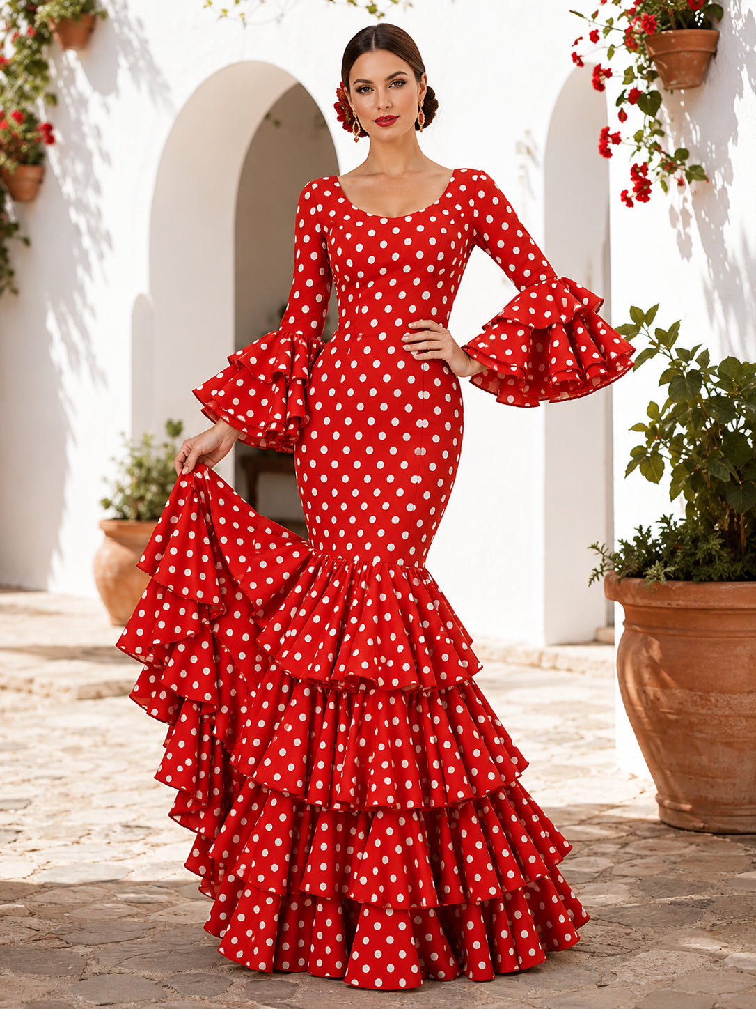 Red White Polka Dot Square Neck Long Bell Sleeve Tiered Mermaid Floor Length Flamenco Dress front view