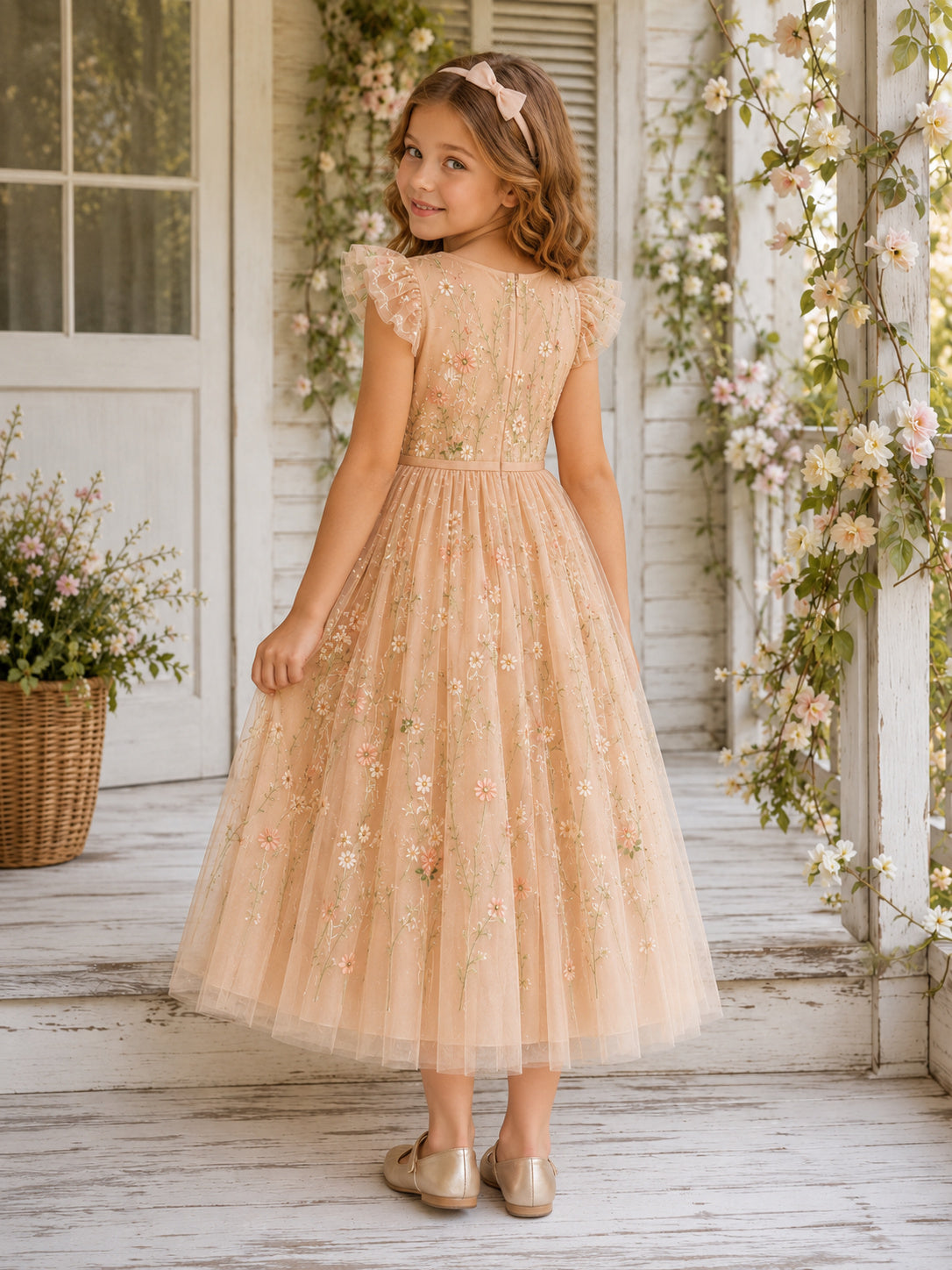 Romantic Floral Embroidery Tulle Flower Girl Tea-Length Illusion Sleeve Garden Dress back view