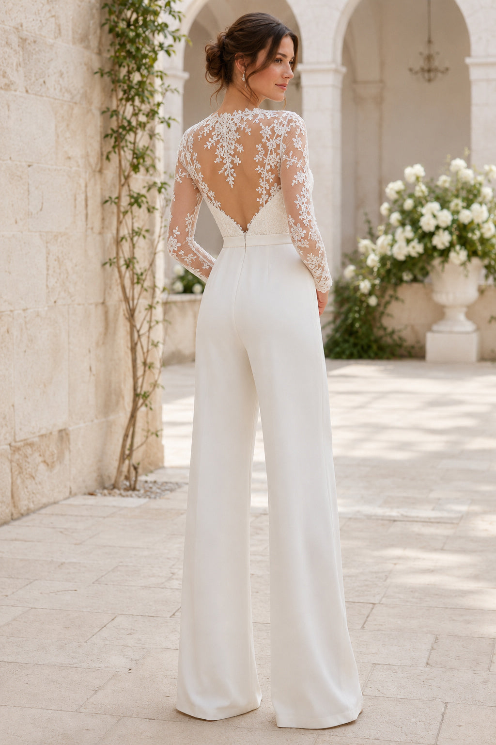 Ivory Sweetheart Lace Long Sleeve Wedding Jumpsuit back view