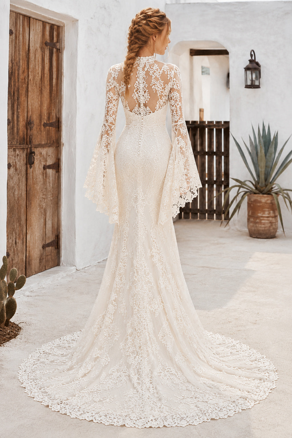 Ivory High Neck Long Bell Sleeve Lace Mermaid Wedding Dress with Illusion Back and Train back view