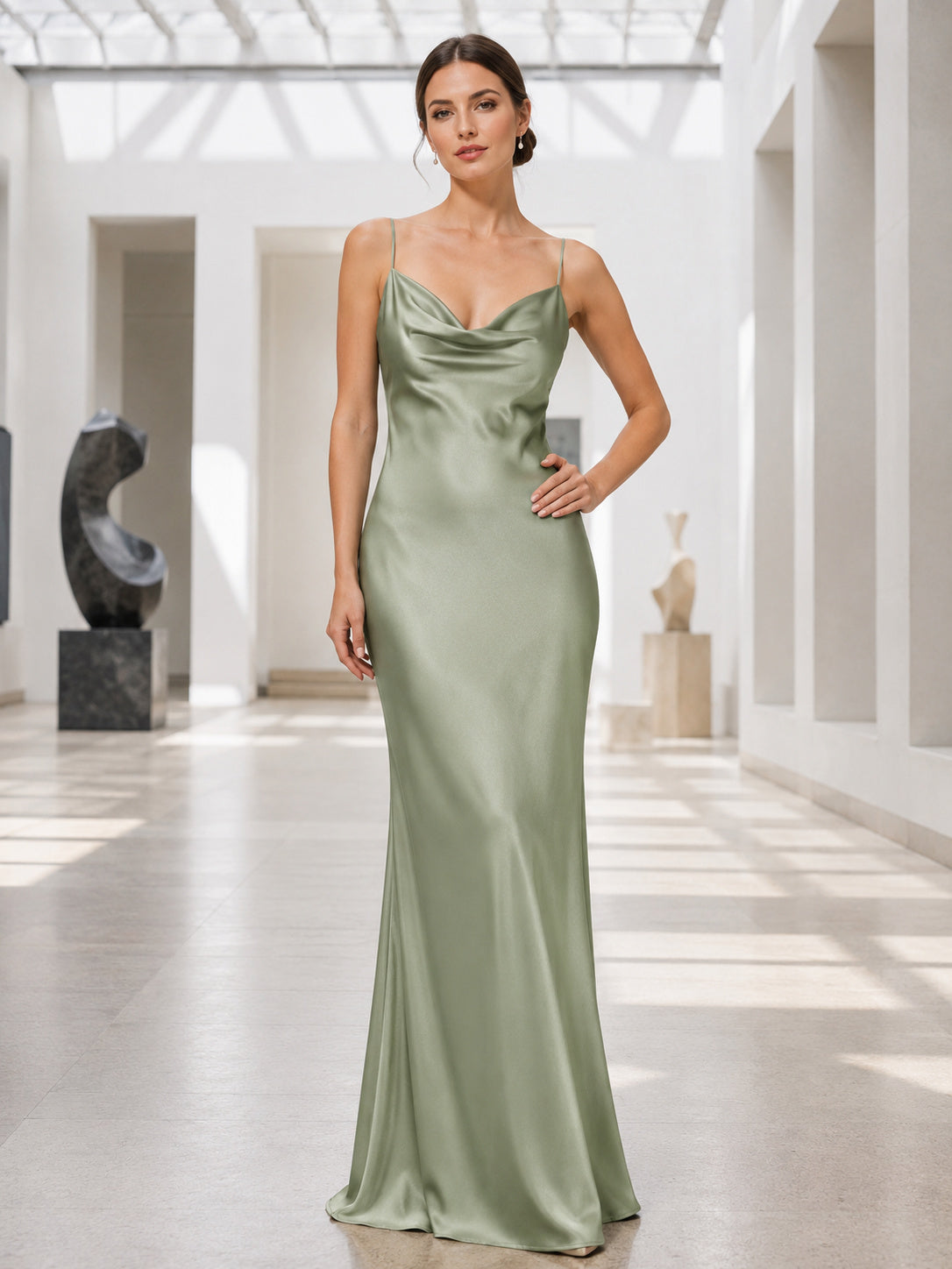 Museum Formal Sage Simple Elegant Modern Sheath Satin Bridesmaid Dress with Cowl Neck Spaghetti Straps Sleeveless Floor-Lengt