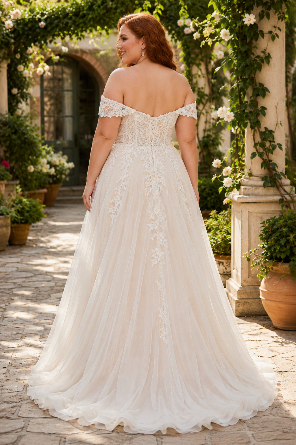 Plus Size Off-the-Shoulder Lace Tulle A-Line Wedding Dress with Chapel Train back view