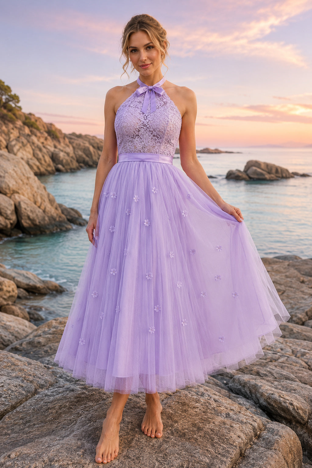 Lavender Halter Bow Neck Sparkle Tulle Skirt with Open Back Tea Length A-Line Prom Dress front view