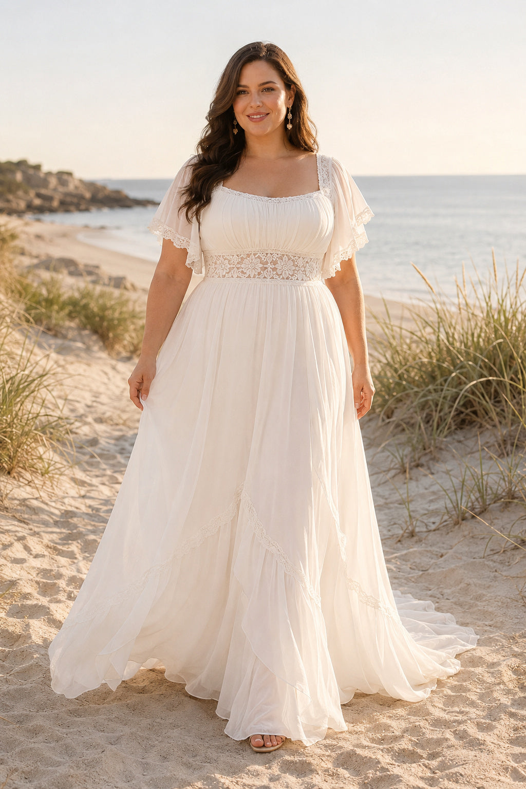 Plus Size Ivory Square Neck Flutter Sleeve Lace Tulle A-Line Wedding Dress with Flutter Sleeves and Simple Chiffon Train fron