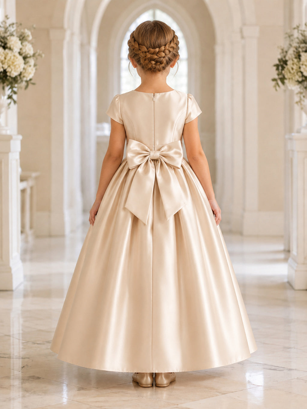 Champagne Bow Back Satin A-Line Flower Girl Dress with Jewel Neck, Cap Sleeves, and Floor-length Skirt back view