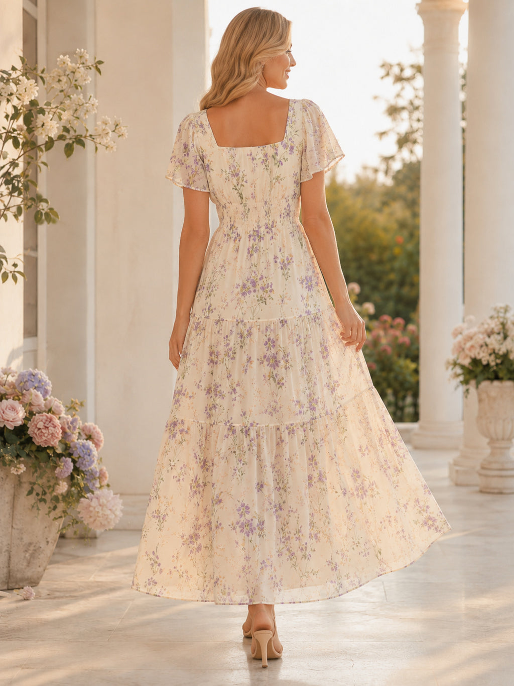 Ivory Floral Square Neck Puff Sleeve Ankle Guest Dress back view