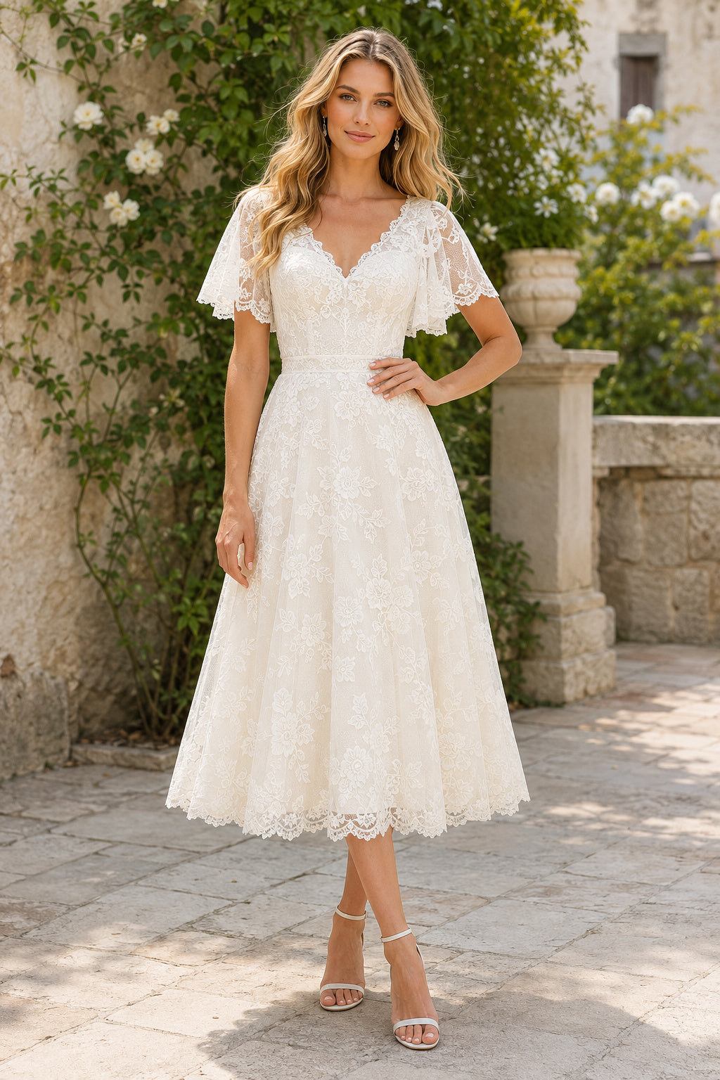 Ivory V-Neck Cap Sleeve Lace Tea Length Wedding Dress for Wedding Reception and Party front view