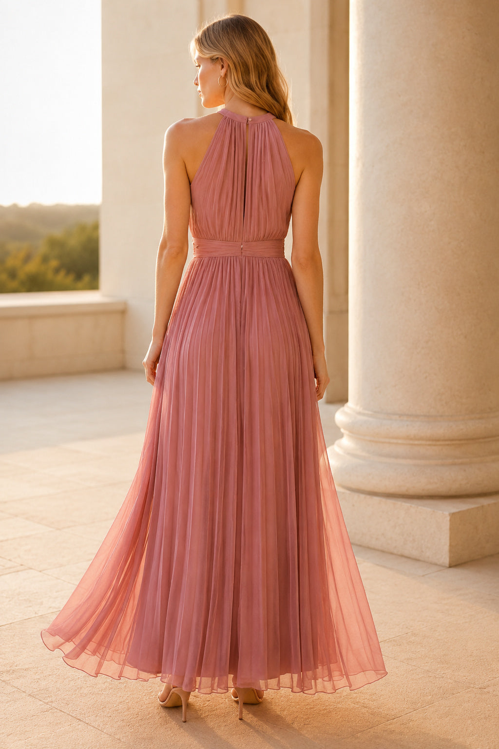 Dusty Rose Halter Tulle A-Line Tea-Length Dress with Pleated Bodice back view