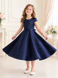 Flower Girl Dress Dark Navy Satin A-Line Short Sleeve Jewel Tea length Bow Detail front view