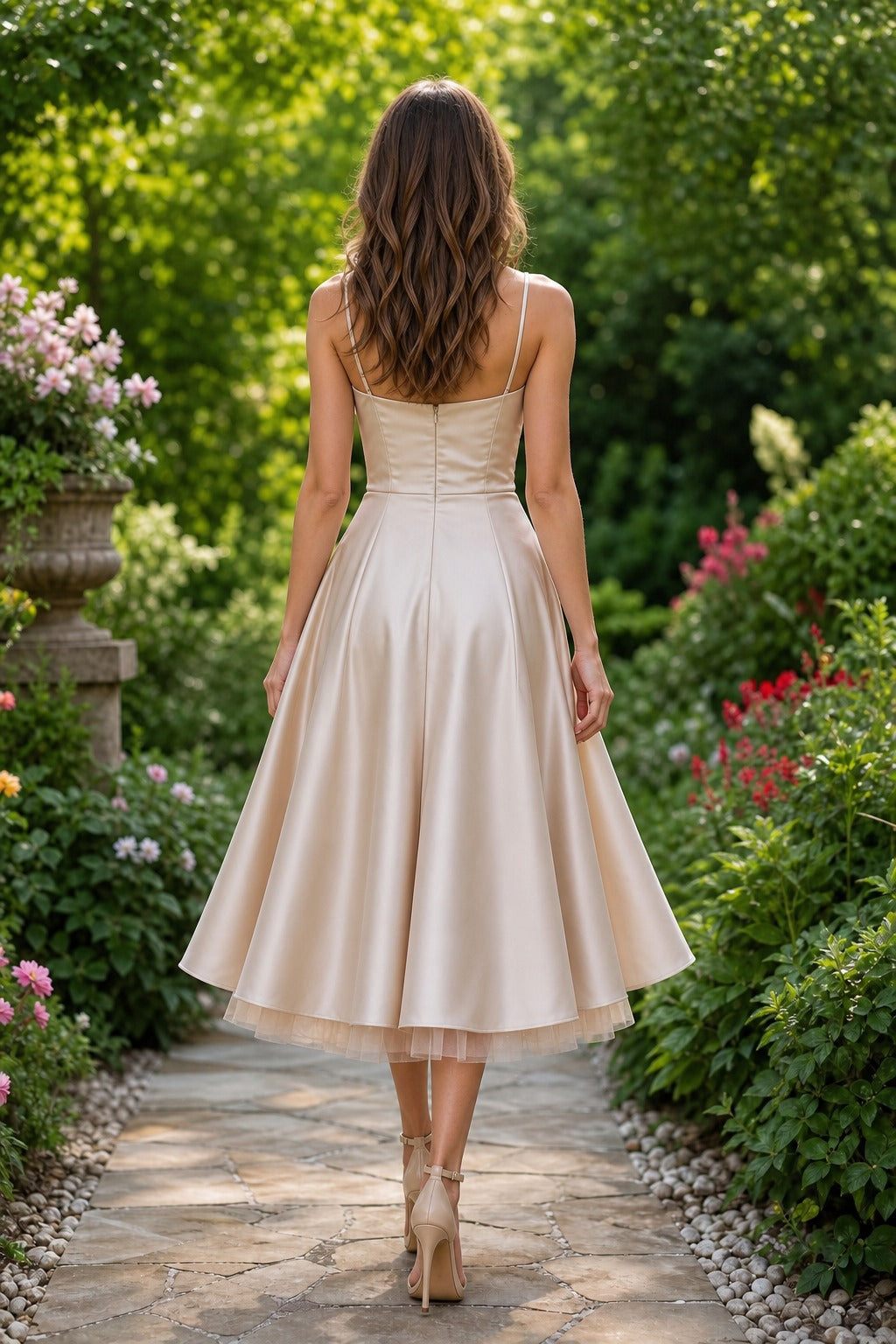 Champagne Square Neck Tea-Length Satin A-Line Dress