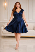 Dark Navy Plus Size Satin Knee-Length A-Line Cocktail Dress with V-Neck and Cap Sleeves front view