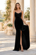 Black Cowl Neck Velvet Sheath Evening Dress with Spaghetti Straps and High Slit front view