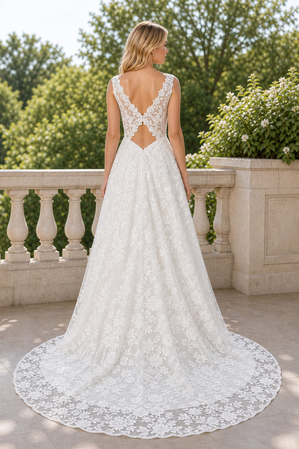 White Bateau Cap Sleeves A-Line Chiffon Floor-length Wedding Dress With Pleated Skirt and Layered Skirt and Open Back