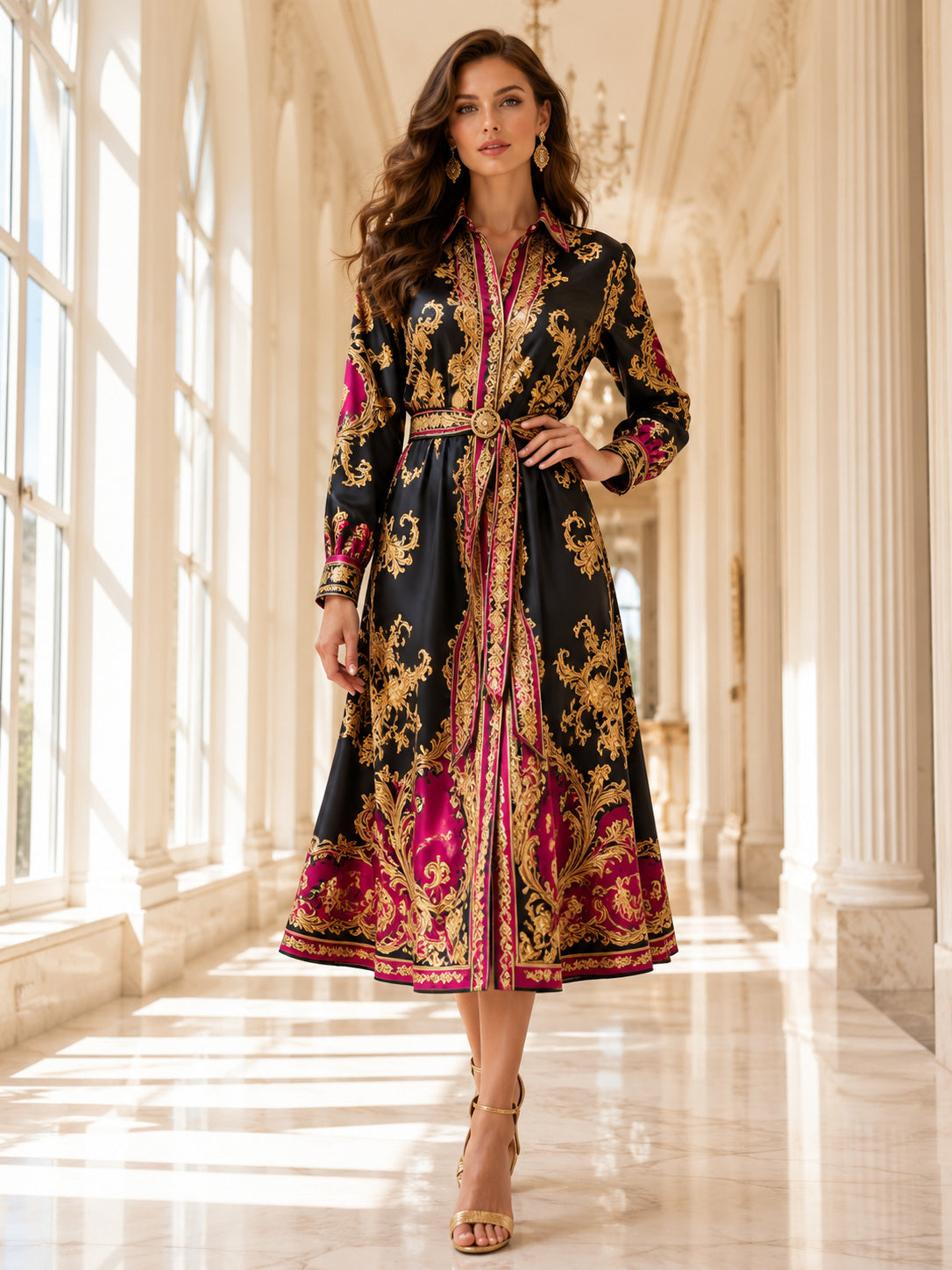 Black Baroque Satin Long Sleeve Midi Shirt Dress front view