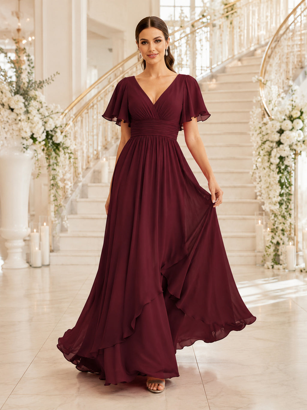 Burgundy Elegant Indoor Wedding Guest Bridesmaid Evening Formal Dress A-Line Floor-Length V-Neck Flutter Sleeve Chiffon Ruffl
