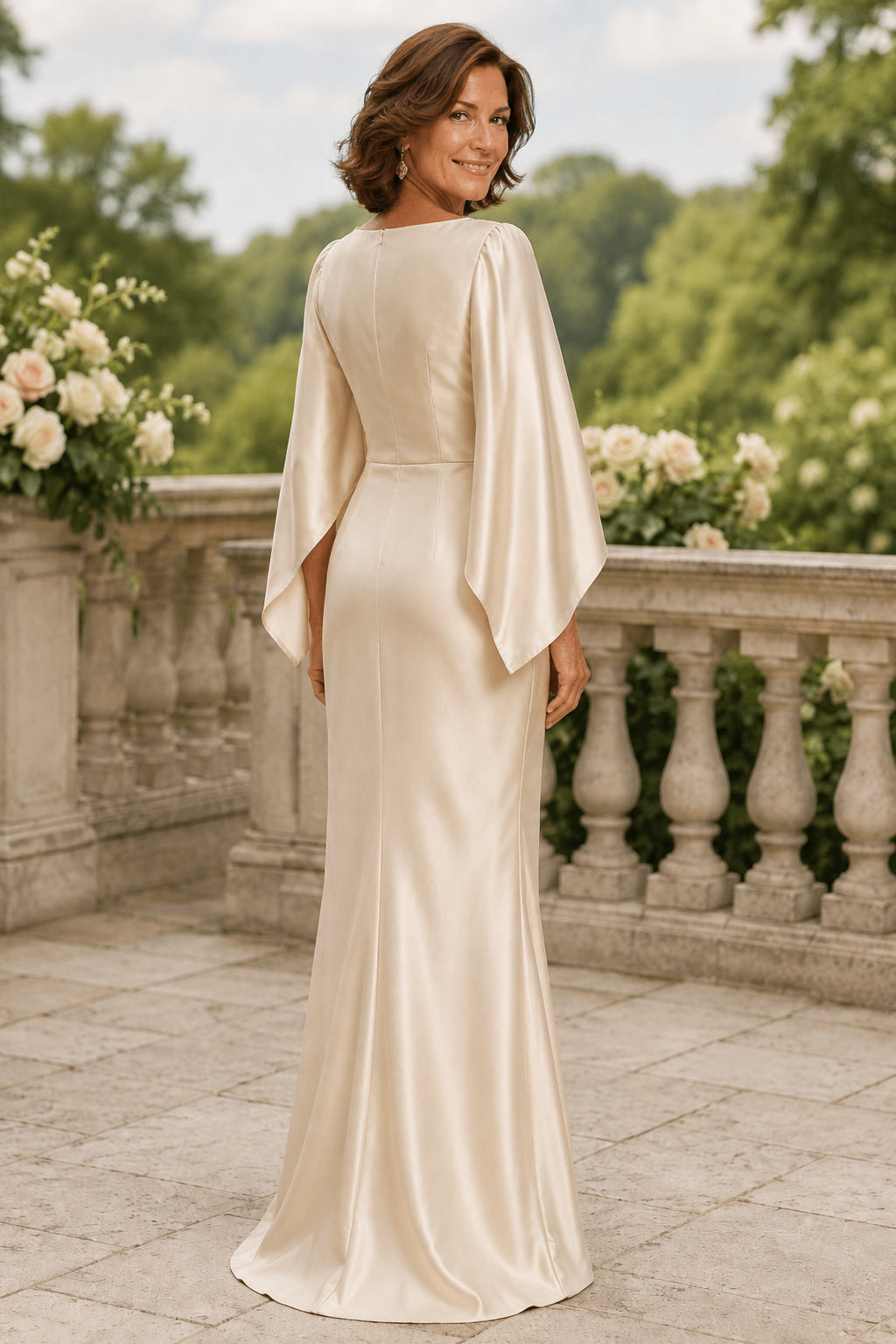 Ivory Bateau Satin Sheath Mother Dress with Cape Sleeves and Clean Minimal Finish back view